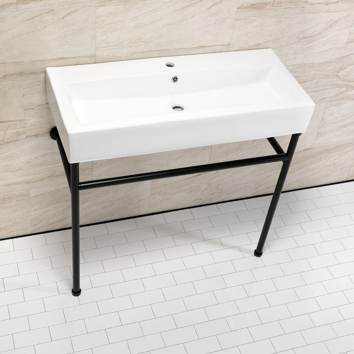 Kingston Brass VPB39170ST New Haven 39" Porcelain Console Sink with Stainless Steel Legs (1-Hole), White/Matte Black