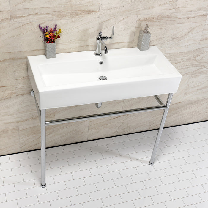 Kingston Brass VPB39171ST New Haven 39" Porcelain Console Sink with Stainless Steel Legs (1-Hole), White/Polished Chrome