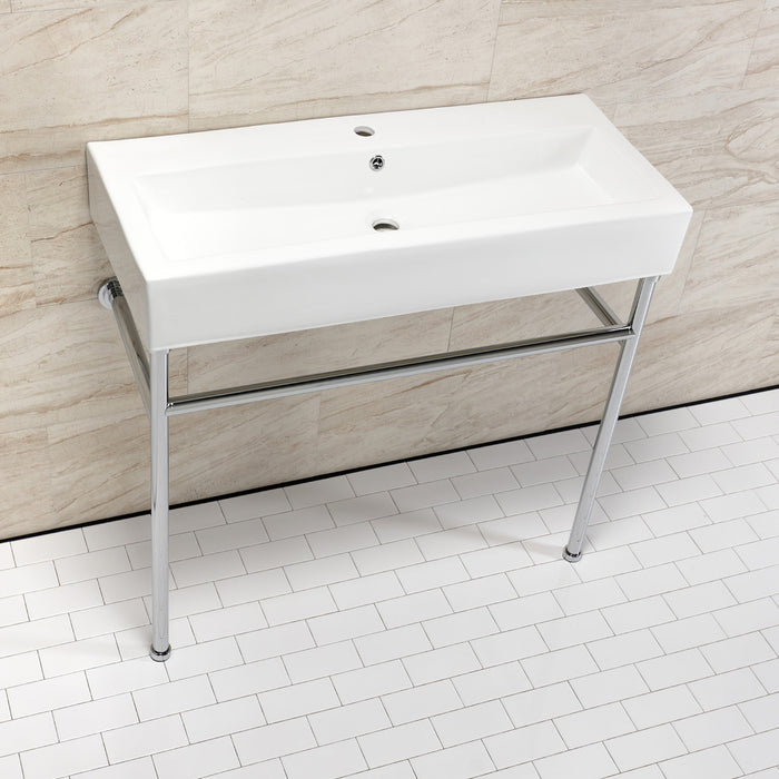Kingston Brass VPB39171ST New Haven 39" Porcelain Console Sink with Stainless Steel Legs (1-Hole), White/Polished Chrome