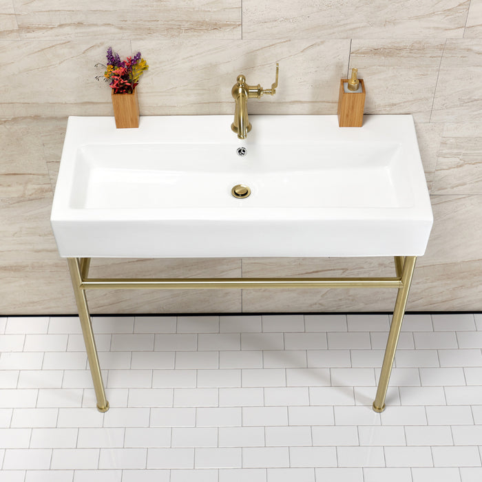 Kingston Brass VPB39177ST New Haven 39" Porcelain Console Sink with Stainless Steel Legs (1-Hole), White/Brushed Brass