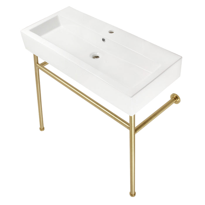 Kingston Brass VPB39177ST New Haven 39" Porcelain Console Sink with Stainless Steel Legs (1-Hole), White/Brushed Brass