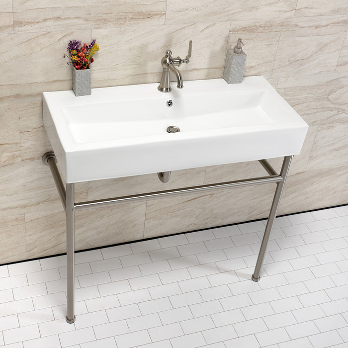 Kingston Brass VPB39178ST New Haven 39" Porcelain Console Sink with Stainless Steel Legs (1-Hole), White/Brushed Nickel