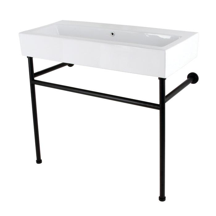 Kingston Brass VPB3917H0ST New Haven 39" Porcelain Console Sink with Stainless Steel Legs, White/Matte Black