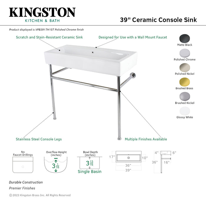 Kingston Brass VPB3917H6ST New Haven 39" Porcelain Console Sink with Stainless Steel Legs, White/Polished Nickel