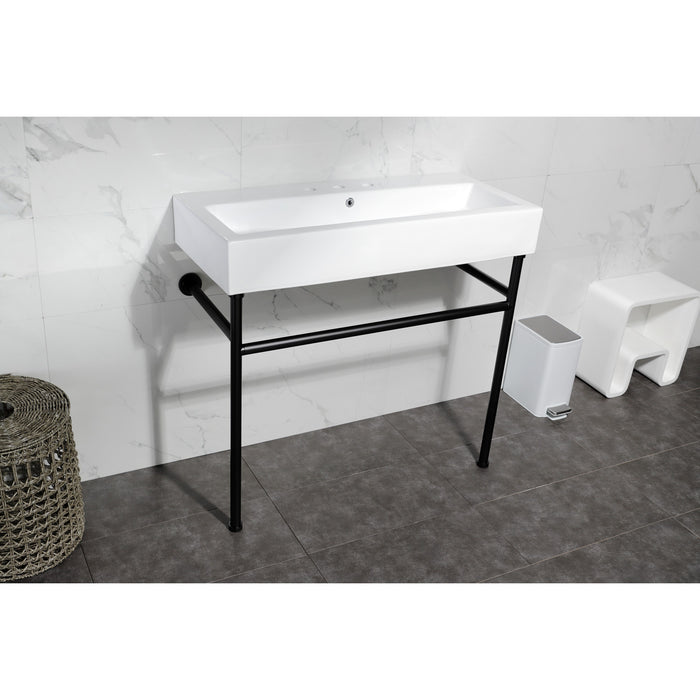 Kingston Brass VPB3917W0ST New Haven 39" Porcelain Console Sink with Stainless Steel Legs (8-Inch, 3-Hole), White/Matte Black