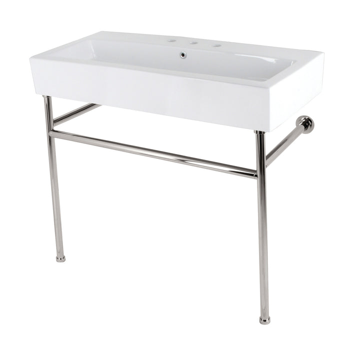 Fauceture VPB3917W6ST New Haven 39" Porcelain Console Sink with Stainless Steel Legs (8" Centers), White/Polished Nickel