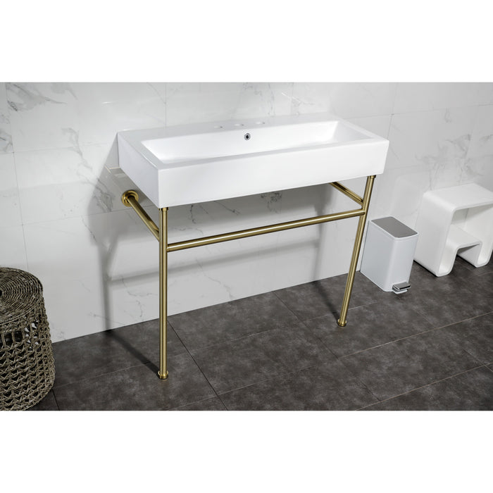 Kingston Brass VPB3917W7ST New Haven 39" Porcelain Console Sink with Stainless Steel Legs (8-Inch, 3-Hole), White/Brushed Brass
