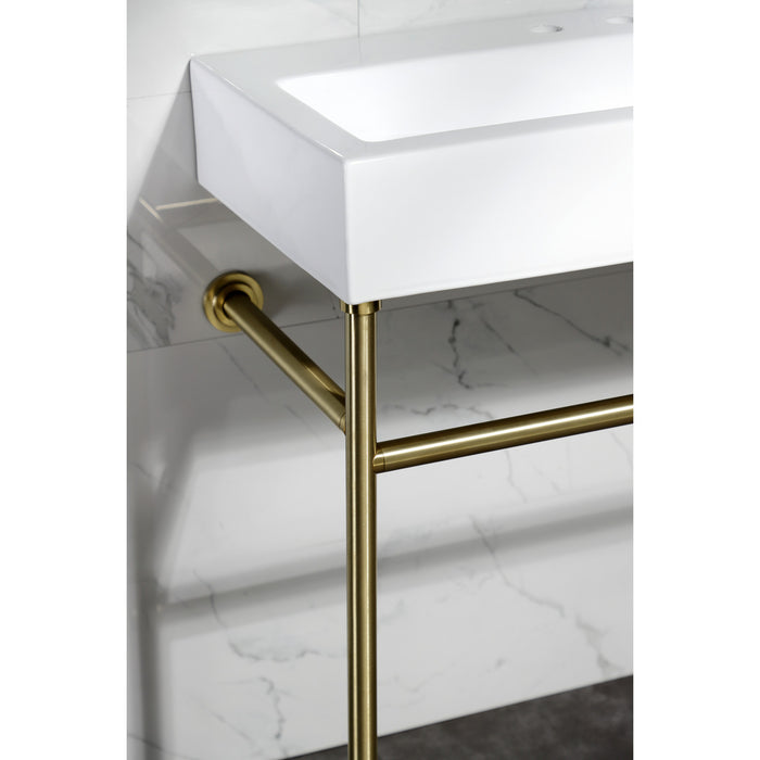 Fauceture VPB3917W7ST New Haven 39" Porcelain Console Sink with Stainless Steel Legs (8" Centers), White/Brushed Brass