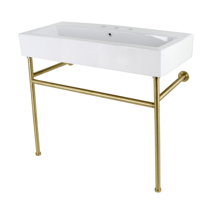 Kingston Brass VPB3917W7ST New Haven 39" Porcelain Console Sink with Stainless Steel Legs (8-Inch, 3-Hole), White/Brushed Brass