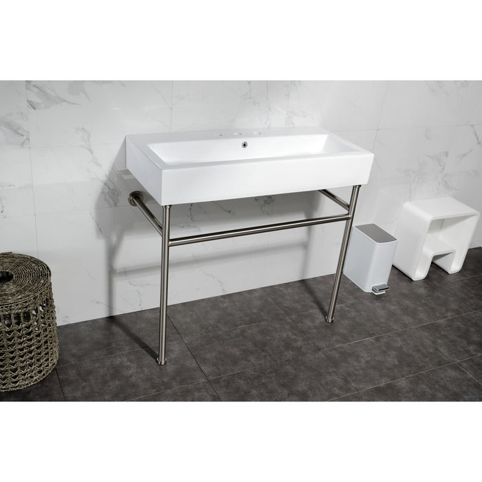 Kingston Brass VPB3917W8ST New Haven 39" Porcelain Console Sink with Stainless Steel Legs (8-Inch, 3-Hole), White/Brushed Nickel