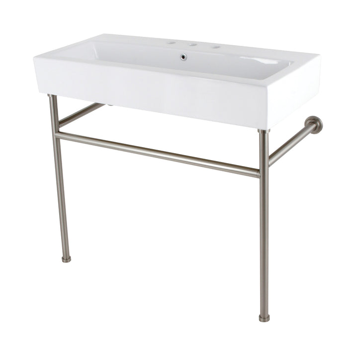 Kingston Brass VPB3917W8ST New Haven 39" Porcelain Console Sink with Stainless Steel Legs (8-Inch, 3-Hole), White/Brushed Nickel