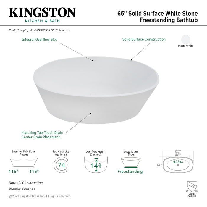 Aqua Eden VRTRS653422 Arcticstone 65-Inch Solid Surface White Stone Freestanding Tub with Drain, Matte White