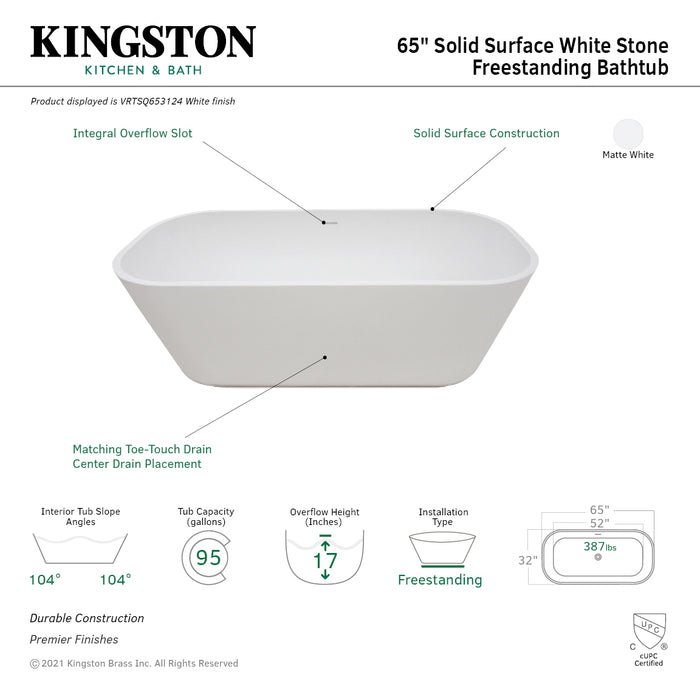 Aqua Eden VRTSQ653124 Arcticstone 65-Inch Solid Surface White Stone Freestanding Tub with Drain, Matte White