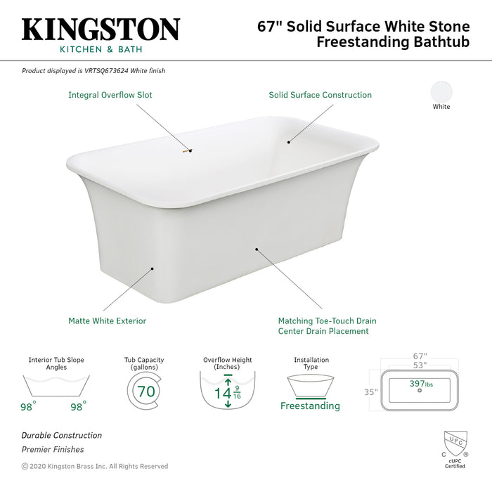 Aqua Eden VRTSQ673624 Arcticstone 67-Inch Solid Surface White Stone Freestanding Tub with Drain, Matte White