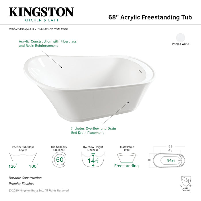 Aqua Eden VTRS683027Q 68-Inch Acrylic Single Slipper Freestanding Tub with Drain, White