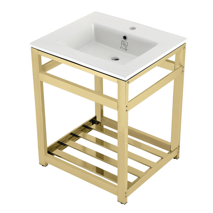 Kingston Brass VWP2522A2 Quadras 25" Ceramic Console Sink with Stainless Steel Base and Shelf (1-Hole), White/Polished Brass