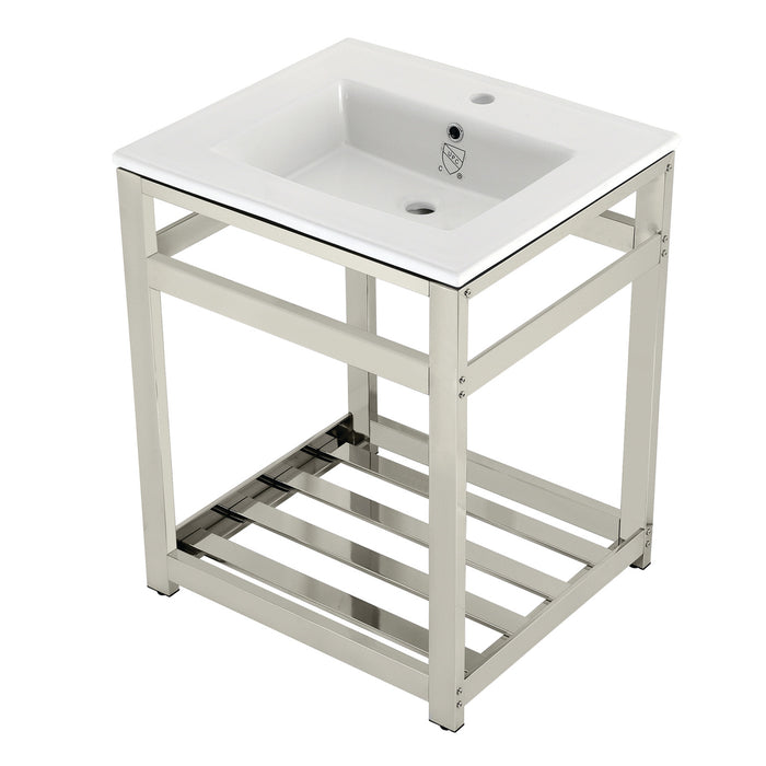 Kingston Brass VWP2522A6 Quadras 25" Ceramic Console Sink with Stainless Steel Base and Shelf (1-Hole), White/Polished Nickel