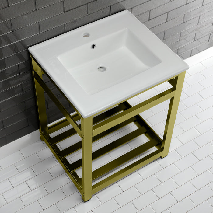 Kingston Brass VWP2522A7 Quadras 25" Ceramic Console Sink with Stainless Steel Base and Shelf (1-Hole), White/Brushed Brass