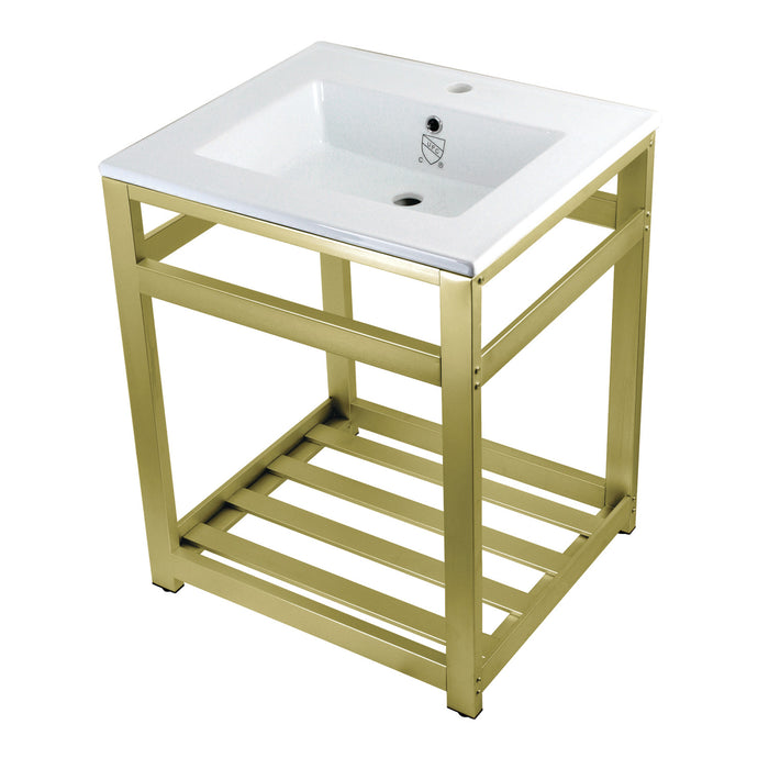 Kingston Brass VWP2522A7 Quadras 25" Ceramic Console Sink with Stainless Steel Base and Shelf (1-Hole), White/Brushed Brass