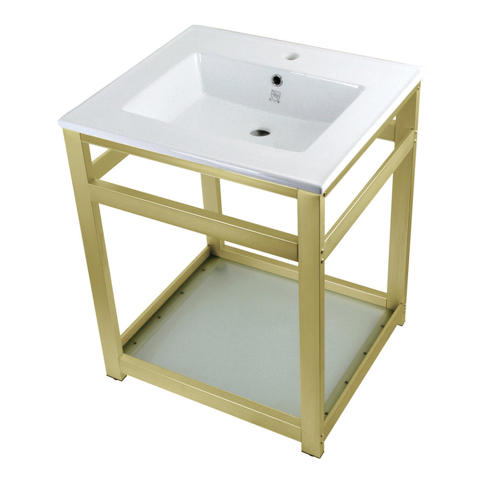 Kingston Brass VWP2522B7 Quadras 25" Ceramic Console Sink with Steel Base and Glass Shelf (1-Hole), White/Brushed Brass