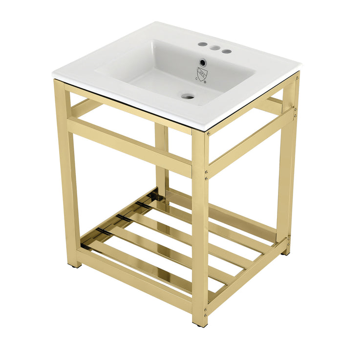 Kingston Brass VWP2522W4A2 Quadras 25" Ceramic Console Sink with Steel Base and Shelf (4-Inch, 3-Hole), White/Polished Brass