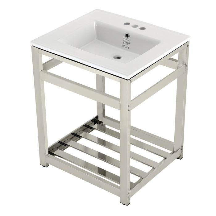 Kingston Brass VWP2522W4A6 Quadras 25" Ceramic Console Sink with Steel Base and Shelf (4-Inch, 3-Hole), White/Polished Nickel