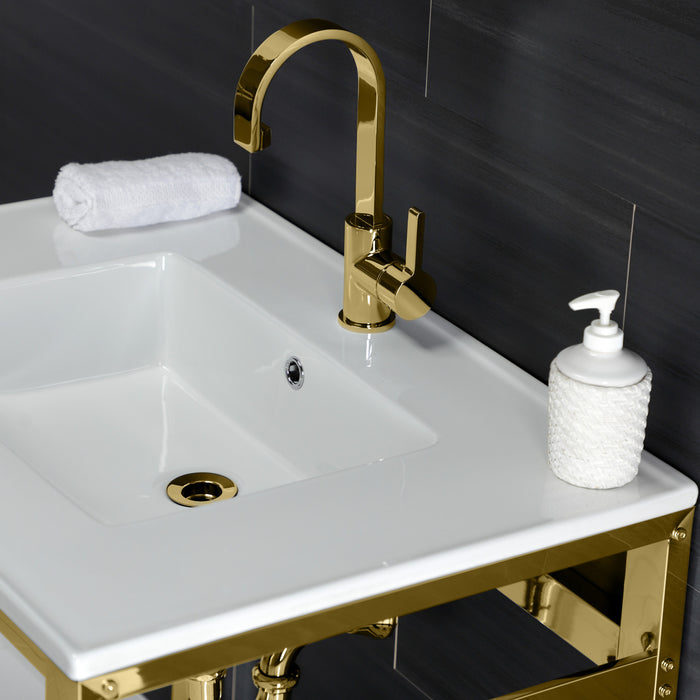 Kingston Brass VWP3122A2 Quadras 31" Ceramic Console Sink with Steel Base and Shelf (1-Hole), White/Polished Brass