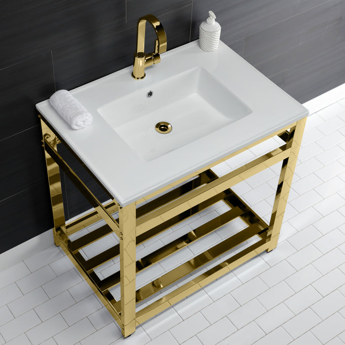 Kingston Brass VWP3122A2 Quadras 31" Ceramic Console Sink with Steel Base and Shelf (1-Hole), White/Polished Brass