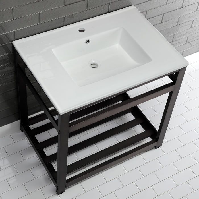 Kingston Brass VWP3122A5 Quadras 31" Ceramic Console Sink with Steel Base and Shelf (1-Hole), White/Oil Rubbed Bronze