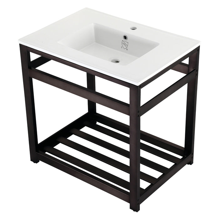 Kingston Brass VWP3122A5 Quadras 31" Ceramic Console Sink with Steel Base and Shelf (1-Hole), White/Oil Rubbed Bronze