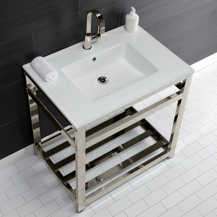 Kingston Brass VWP3122A6 Quadras 31" Ceramic Console Sink with Steel Base and Shelf (1-Hole), White/Polished Nickel