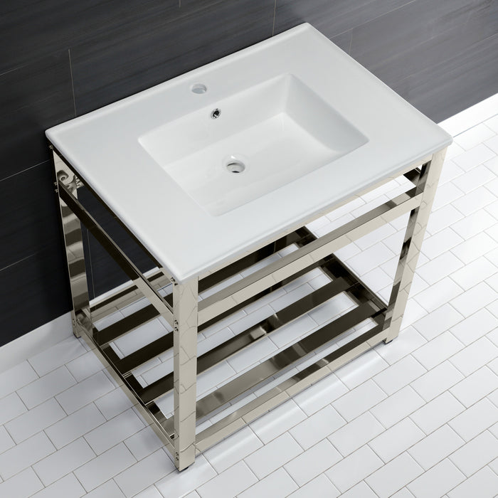 Kingston Brass VWP3122A6 Quadras 31" Ceramic Console Sink with Steel Base and Shelf (1-Hole), White/Polished Nickel