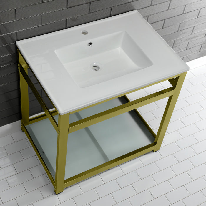 Kingston Brass VWP3122B7 Quadras 31" Ceramic Console Sink with Steel Base and Glass Shelf (1-Hole), White/Brushed Brass