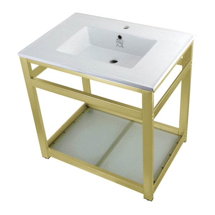 Kingston Brass VWP3122B7 Quadras 31" Ceramic Console Sink with Steel Base and Glass Shelf (1-Hole), White/Brushed Brass