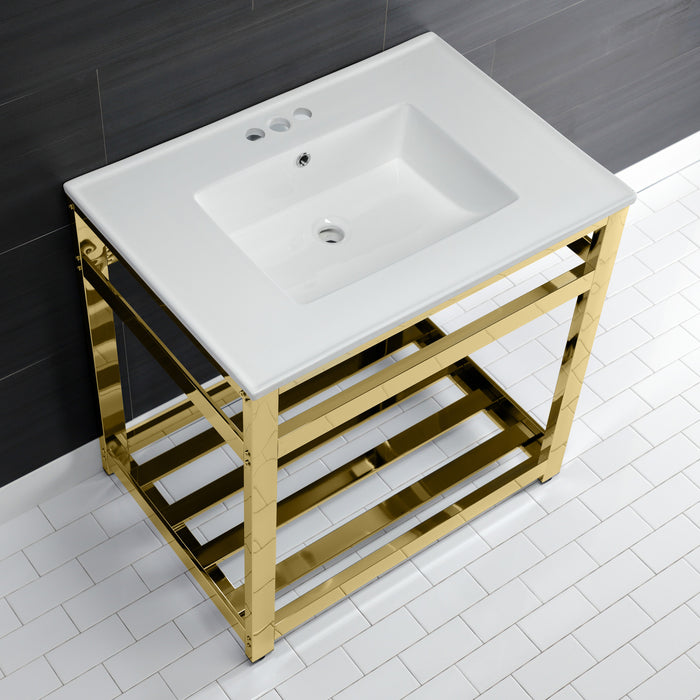 Kingston Brass VWP3122W4A2 Quadras 31" Ceramic Console Sink with Steel Base and Shelf (4-Inch, 3-Hole), White/Polished Brass