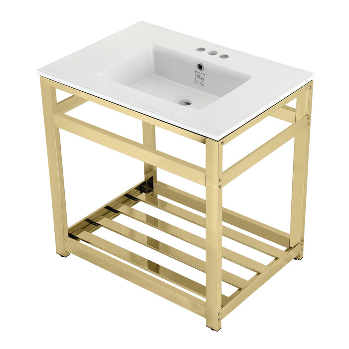 Kingston Brass VWP3122W4A2 Quadras 31" Ceramic Console Sink with Steel Base and Shelf (4-Inch, 3-Hole), White/Polished Brass