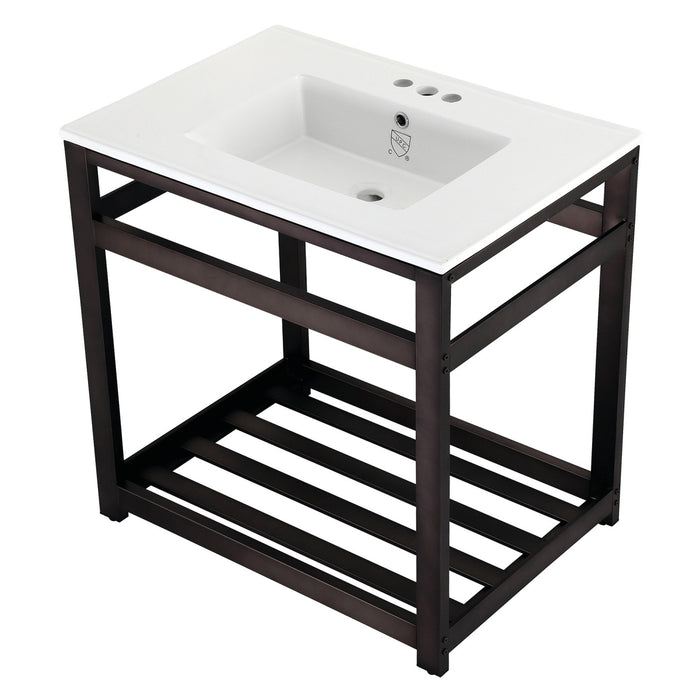 Kingston Brass VWP3122W4A5 Quadras 31" Ceramic Console Sink with Steel Base and Shelf (4-Inch, 3-Hole), White/Oil Rubbed Bronze