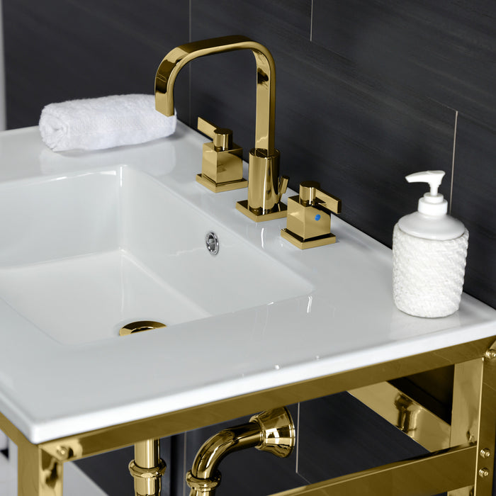 Kingston Brass VWP3122W8A2 Quadras 31" Ceramic Console Sink with Steel Base and Shelf (8-Inch, 3-Hole), White/Polished Brass