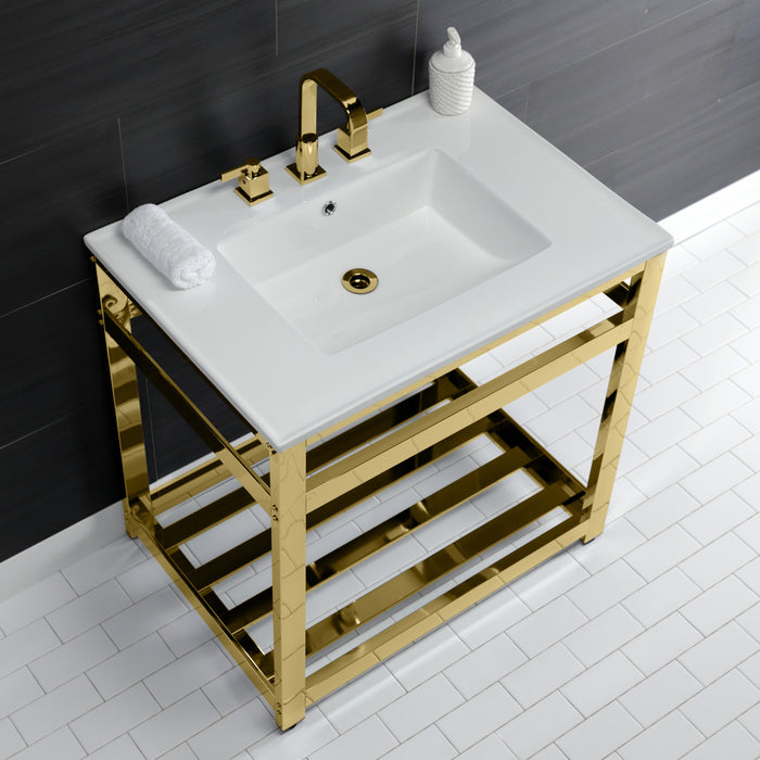 Kingston Brass VWP3122W8A2 Quadras 31" Ceramic Console Sink with Steel Base and Shelf (8-Inch, 3-Hole), White/Polished Brass