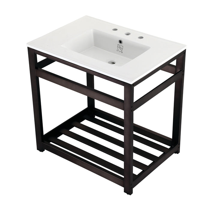 Kingston Brass VWP3122W8A5 Quadras 31" Ceramic Console Sink with Steel Base and Shelf (8-Inch, 3-Hole), White/Oil Rubbed Bronze