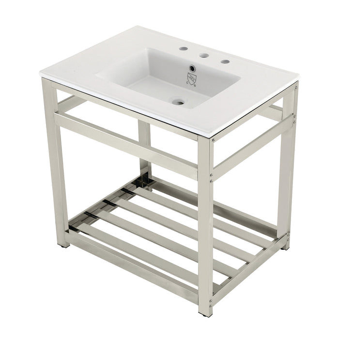 Kingston Brass VWP3122W8A6 Quadras 31" Ceramic Console Sink with Steel Base and Shelf (8-Inch, 3-Hole), White/Polished Nickel