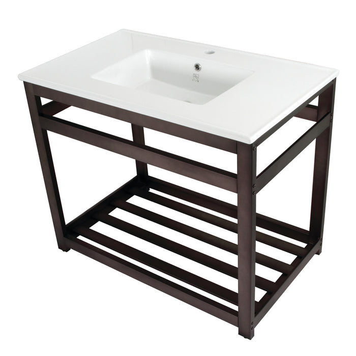 Kingston Brass VWP3722A5 Quadras 37" Ceramic Console Sink with Steel Base and Shelf (1-Hole), White/Oil Rubbed Bronze