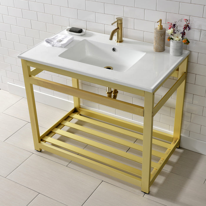 Kingston Brass VWP3722A7 Quadras 37" Ceramic Console Sink with Steel Base and Shelf (1-Hole), White/Brushed Brass
