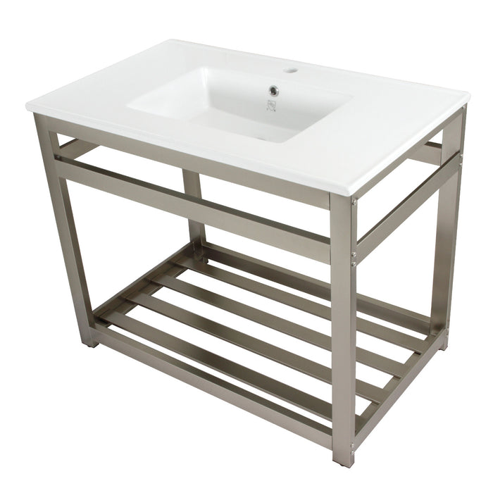Kingston Brass VWP3722A8 Quadras 37" Ceramic Console Sink with Steel Base and Shelf (1-Hole), White/Brushed Nickel