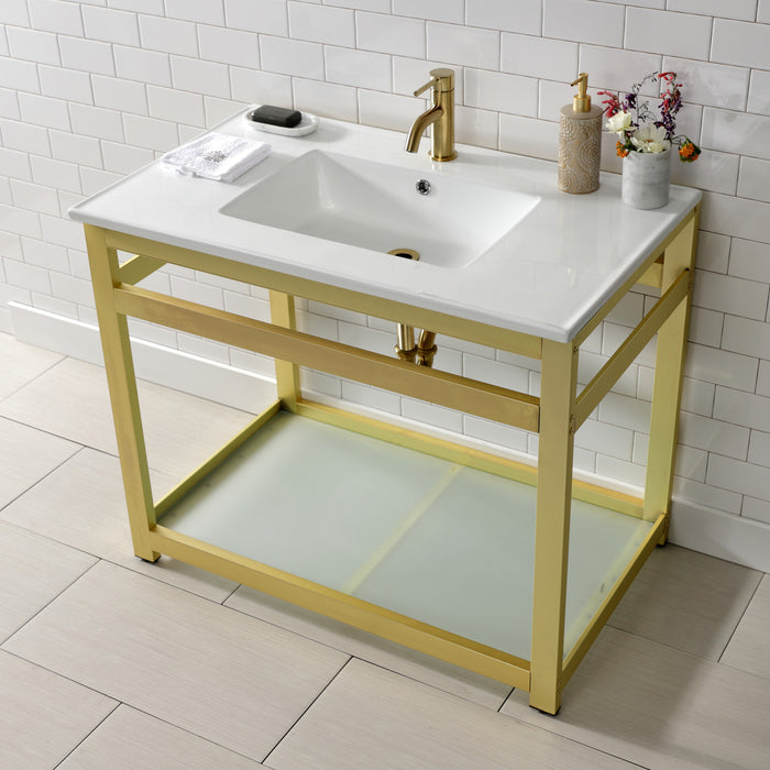 Kingston Brass VWP3722B7 Quadras 37" Ceramic Console Sink with Steel Base and Glass Shelf (1-Hole), White/Brushed Brass