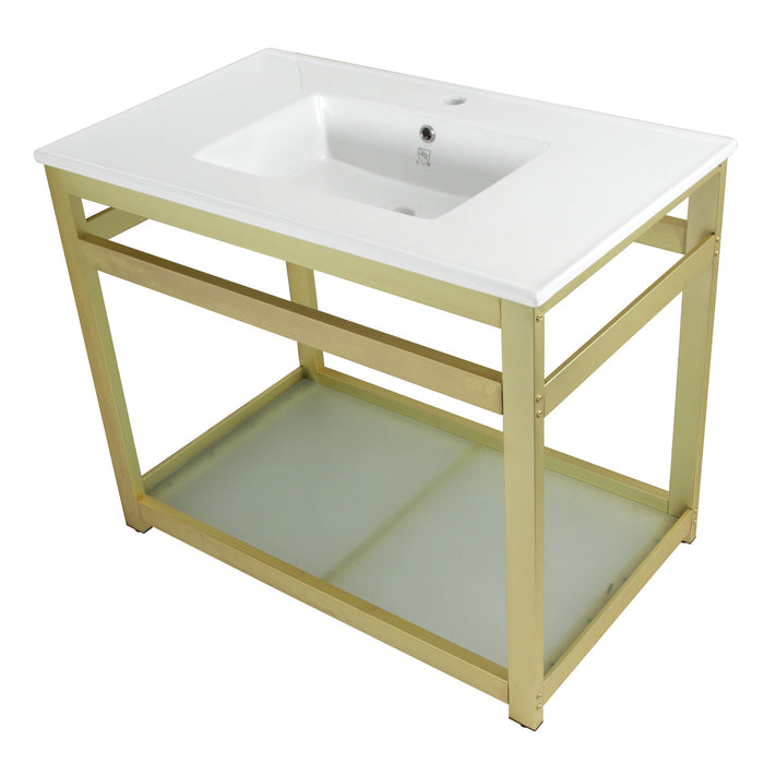 Fauceture VWP3722B7 Quadras 37-Inch Ceramic Console Sink (1-Hole), White/Brushed Brass