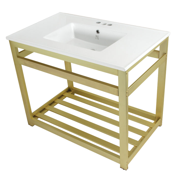 Kingston Brass VWP3722W4A7 Quadras 37" Ceramic Console Sink with Steel Base and Shelf (4-Inch, 3-Hole), White/Brushed Brass