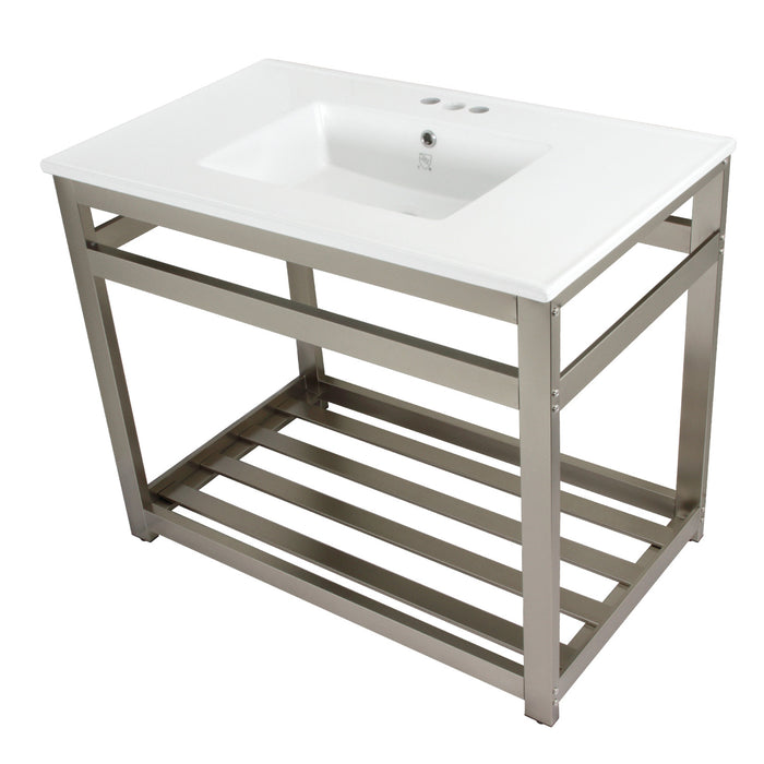 Kingston Brass VWP3722W4A8 Quadras 37" Ceramic Console Sink with Steel Base and Shelf (4-Inch, 3-Hole), White/Brushed Nickel