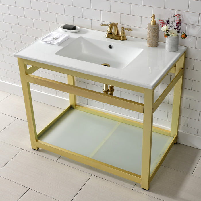 Kingston Brass VWP3722W4B7 Quadras 37" Ceramic Console Sink with Steel Base and Glass Shelf (4-Inch, 3-Hole), White/Brushed Brass