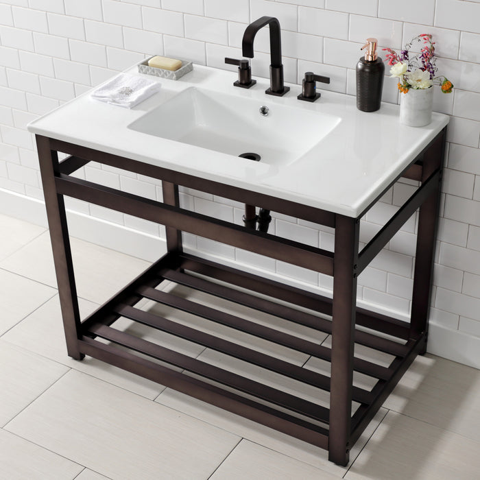 Kingston Brass VWP3722W8A5 Quadras 37" Ceramic Console Sink with Steel Base and Shelf (8-Inch, 3-Hole), White/Oil Rubbed Bronze